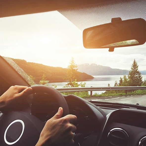 Dashboard of new car overlooking the columbia gorge in Oregon.