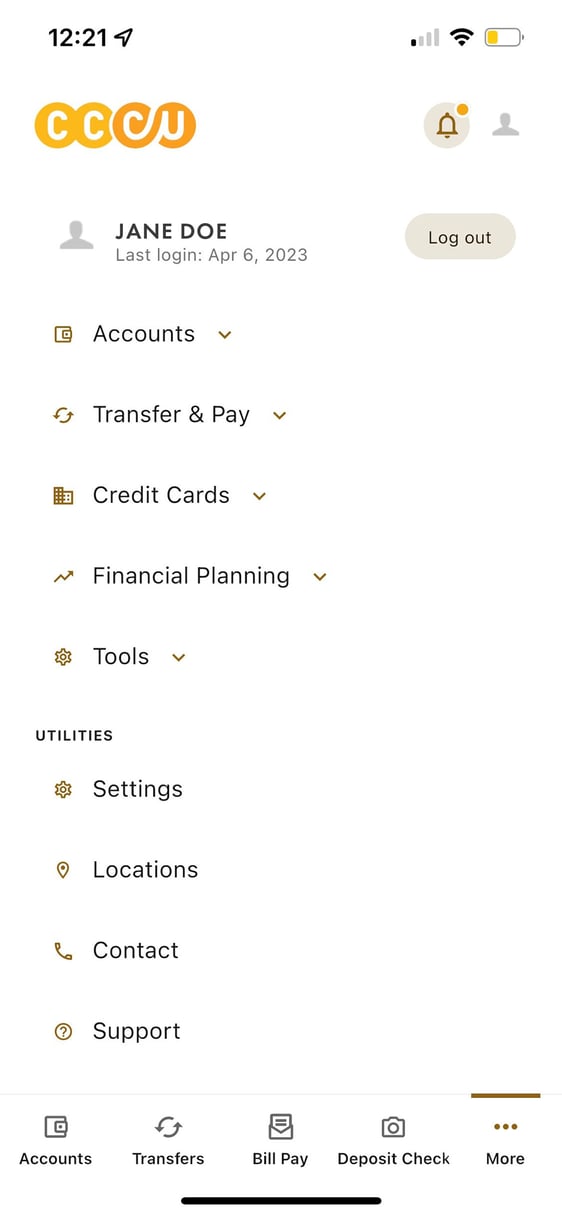 iPhone menu in CCCU mobile banking app.