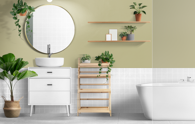 renovated modern bathroom with white tile and green walls